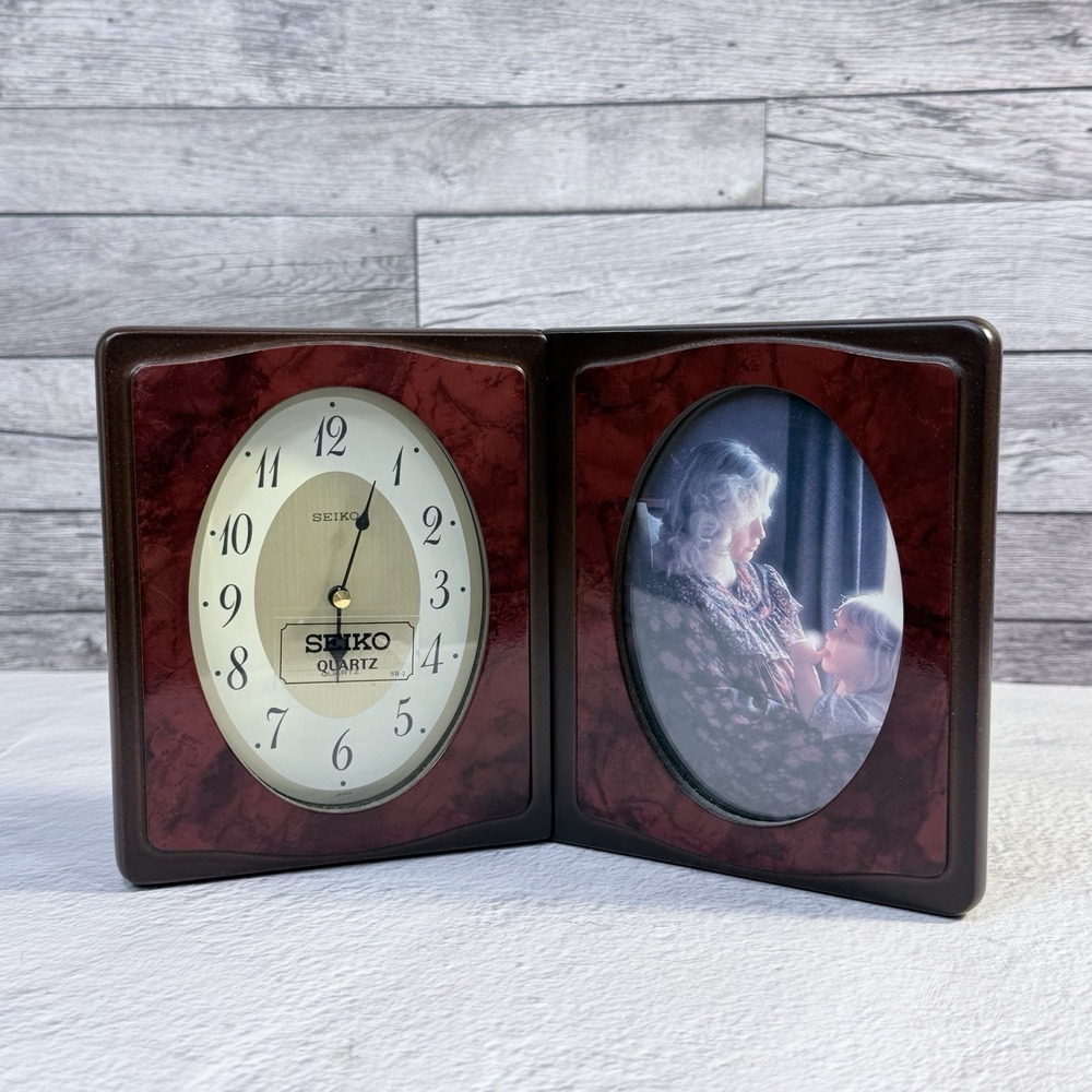 Seiko Quartz Desk Clock Picture‎ Frame Rosewood Folding Analog Vintage